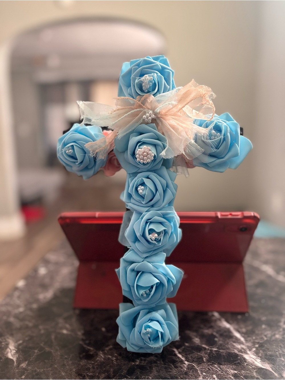 Handmade Blue Foam Rose Cross with Ribbon - Home Accents